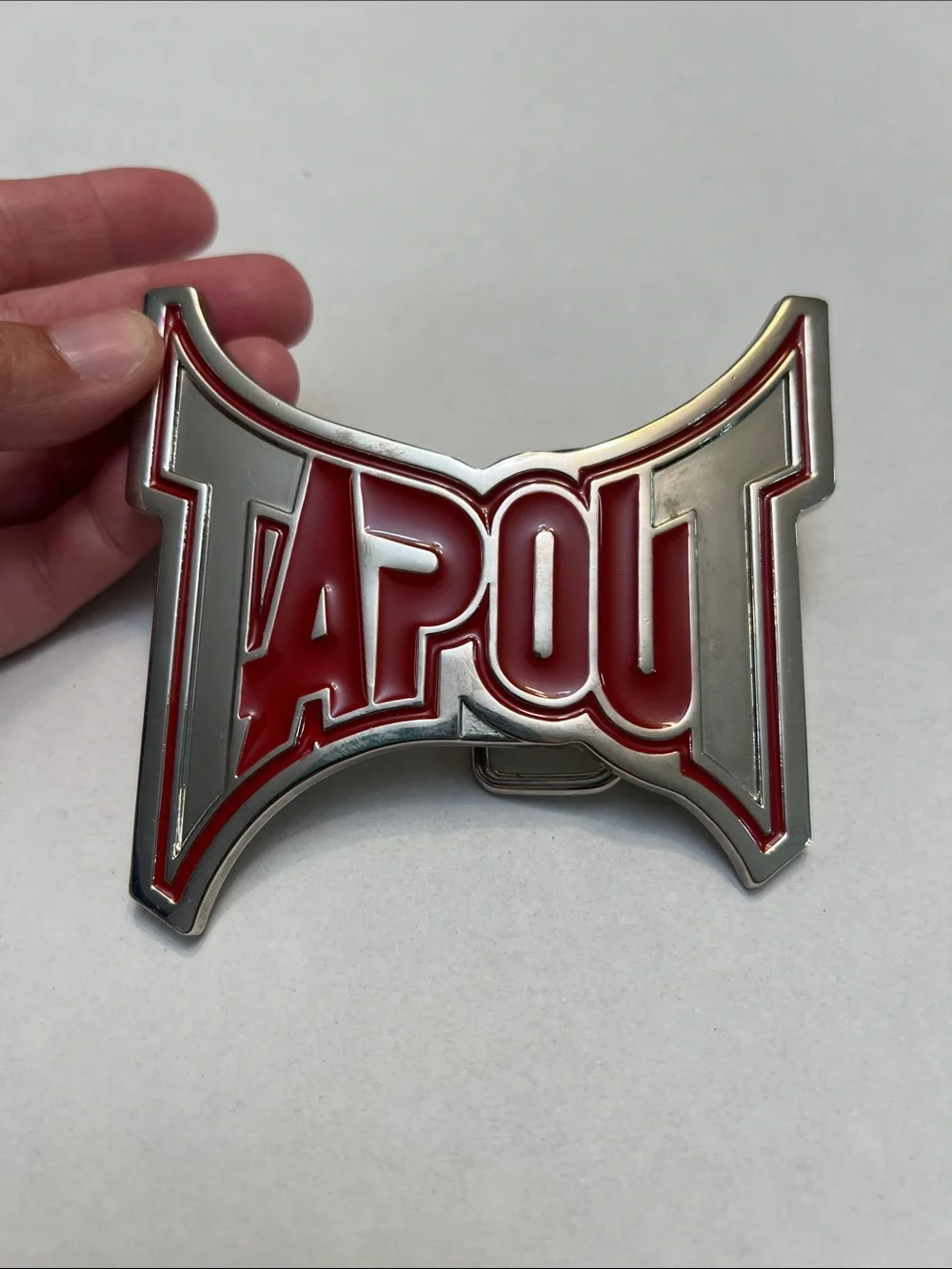 Y2K TAPOUT LOGO SILVER TONE & RED MMA MIXED MARTIAL ARTS PROMO BELT BUCKLE